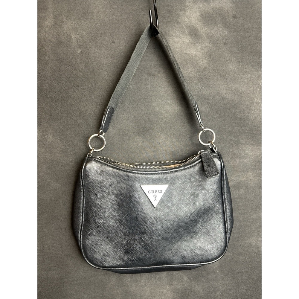 GUESS Y2K Black Saffiano Shoulder Bag Silver Triangle Logo Hobo Purse Minimalist